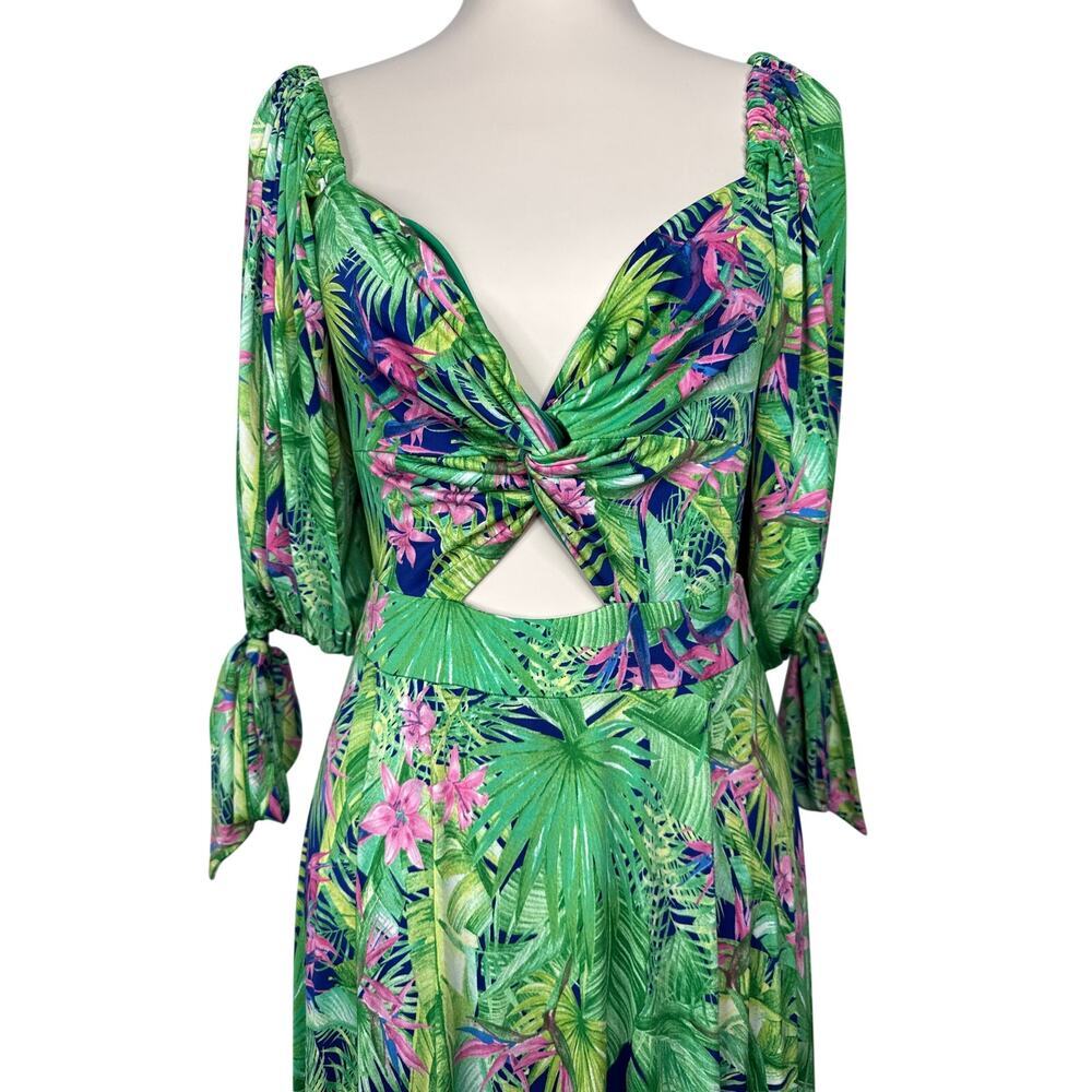Tropical Palm Print Resort Maxi Dress Beach Cover Up Twist Front Size Large - Picture 6 of 11